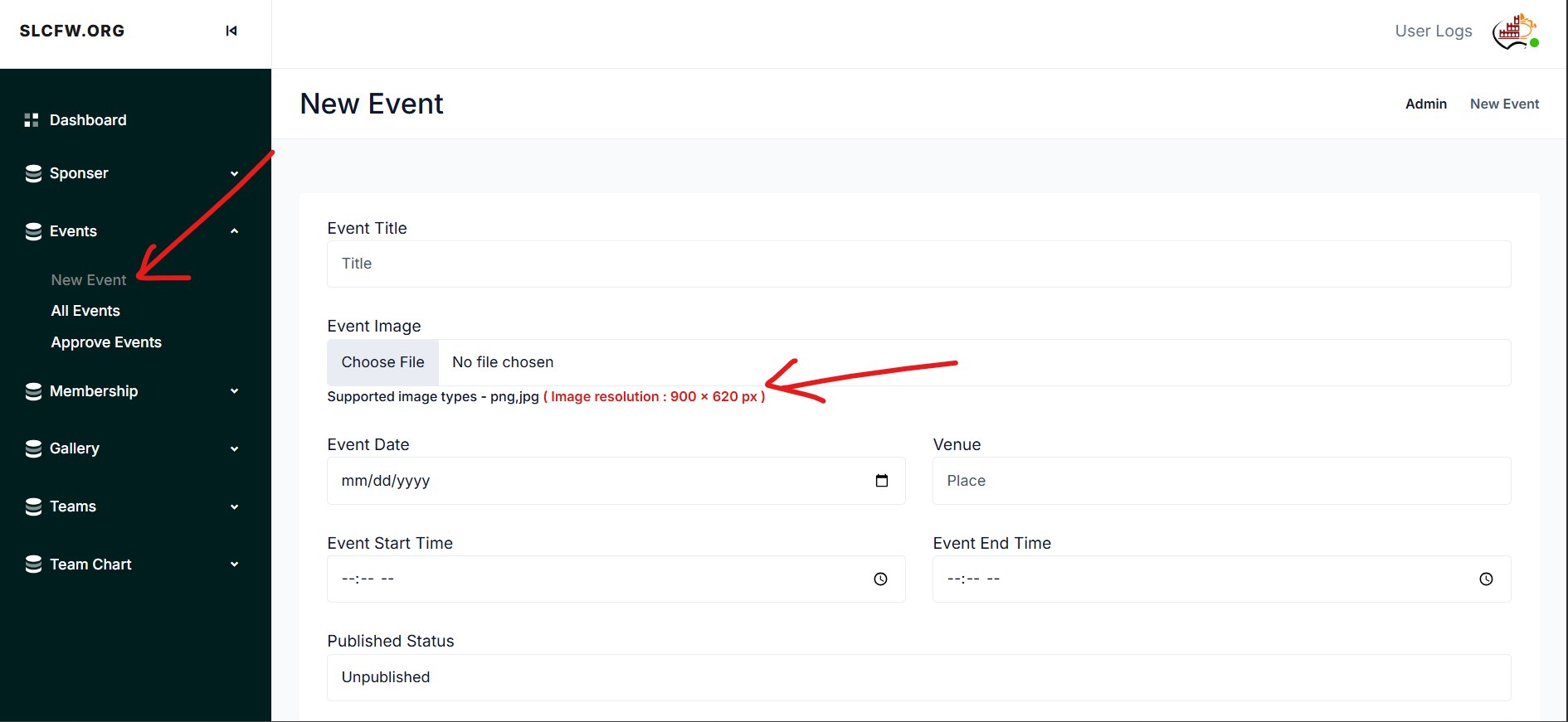 Screenshot for step 4: Create a New Event